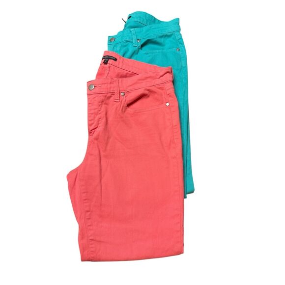 2 Eileen Fisher Pants Cotton blend 5-pocket Jean Style size 8 Aqua And Salmon - Picture 1 of 10